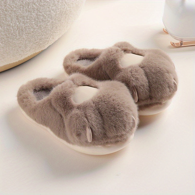 Women's Plush Novelty Slippers, Kawaii Cat Shaped Fluffy Slip On Shoes, Warm & Cozy Mute Slippers