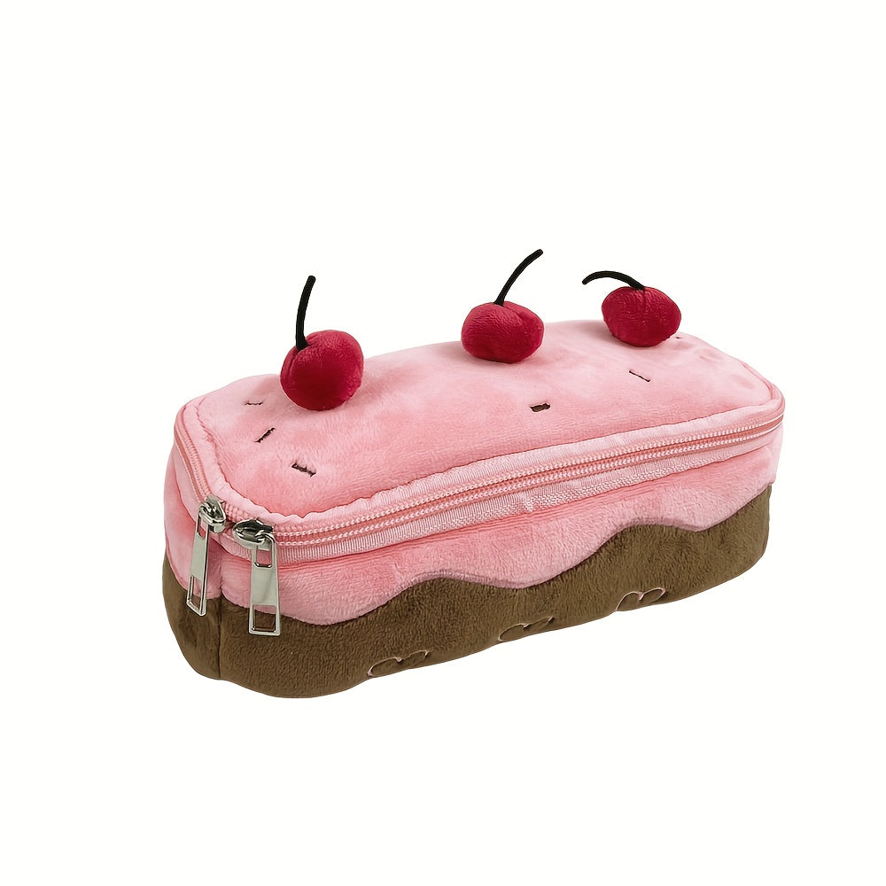 Astuccio portapenne a forma di torta con ciliegie, grazioso astuccio portapenne in peluche con cerniera, grande capacità, organizer portatile per cancelleria
