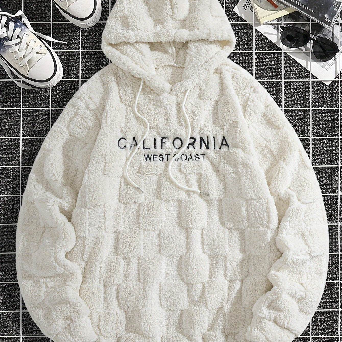 Felpa con cappuccio da uomo in peluche ricamata California Westcoast - Pile doppio in poliestere spesso e morbido con dettagli a quadri, pullover casual a maniche lunghe per autunno e inverno, felpa con cappuccio foderata in pile