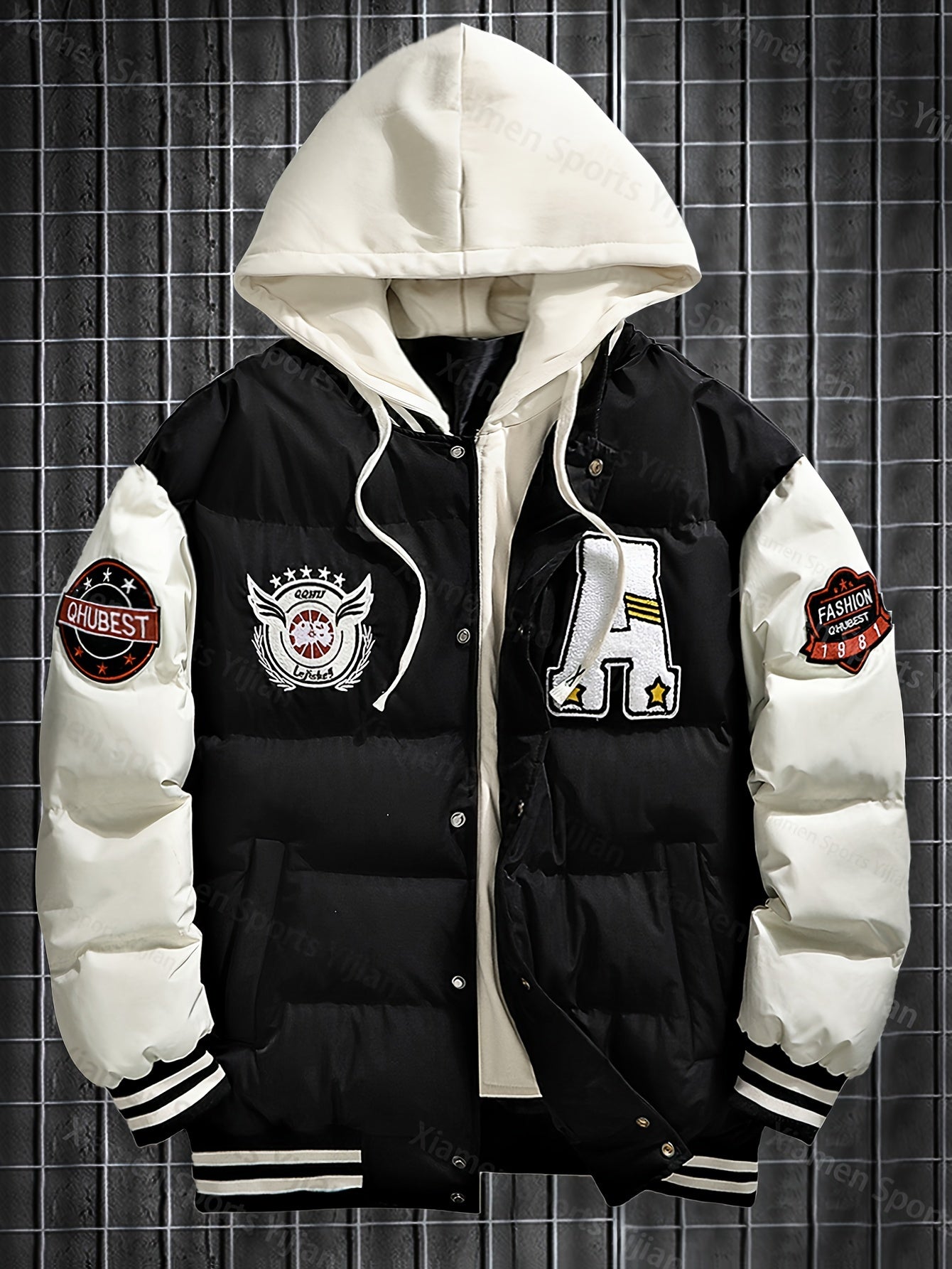 Giacca pesante con cappuccio da uomo e da donna - Cappotto da baseball a blocchi di colore rosso e bianco con chiusura frontale con cerniera, tessuto non elasticizzato - Capispalla invernale per coppie, abbigliamento casual da strada