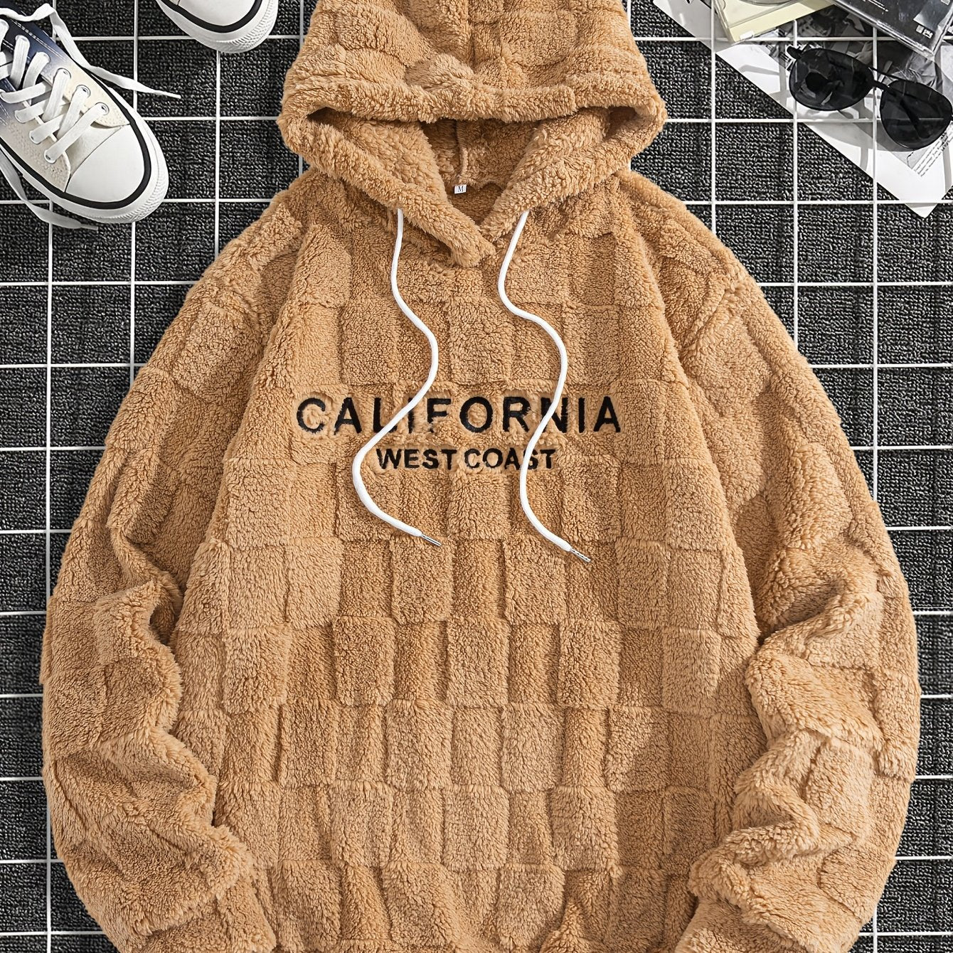 Felpa con cappuccio da uomo in peluche ricamata California Westcoast - Pile doppio in poliestere spesso e morbido con dettagli a quadri, pullover casual a maniche lunghe per autunno e inverno, felpa con cappuccio foderata in pile
