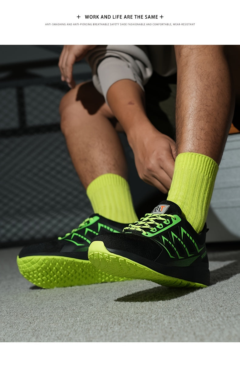 Scarpe antinfortunistiche da lavoro antiscivolo antiforatura con punta in acciaio da uomo, scarpe da ginnastica traspiranti in maglia intrecciata per edilizia industriale