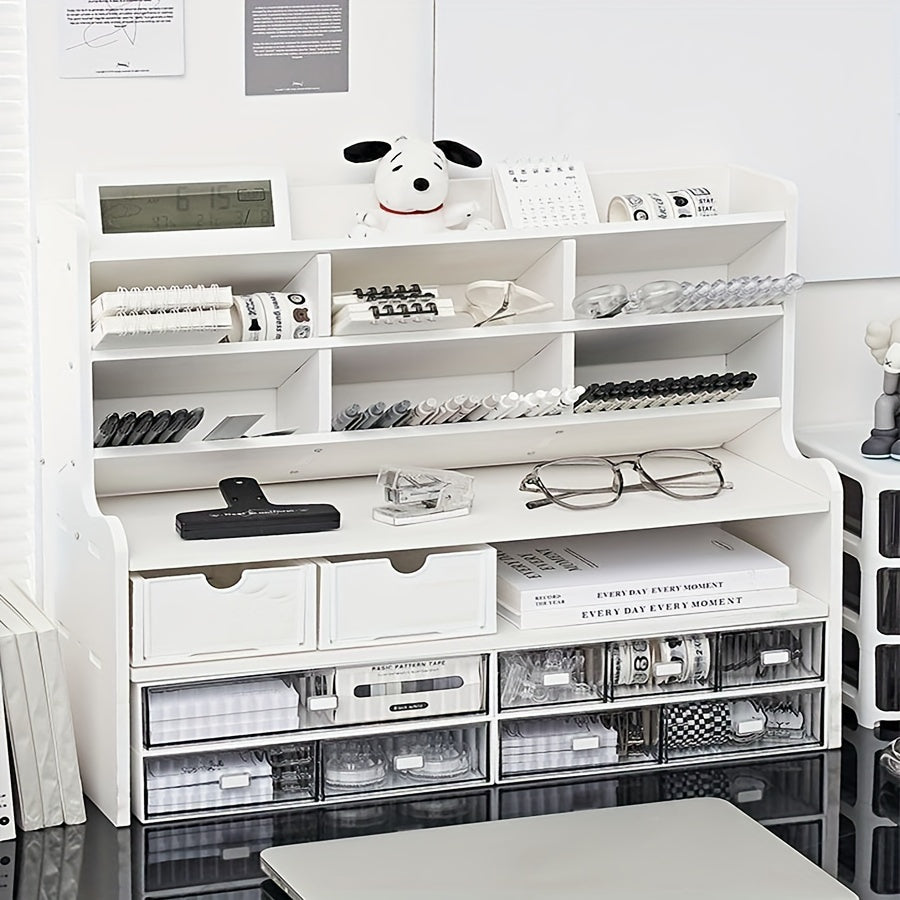 Versatile organizer da scrivania per studenti: soluzione di archiviazione a doppio strato per cancelleria, cosmetici e altro ancora. Migliora senza sforzo lo spazio della tua stanza del dormitorio con un portapenne inclinato e una libreria rialzata.