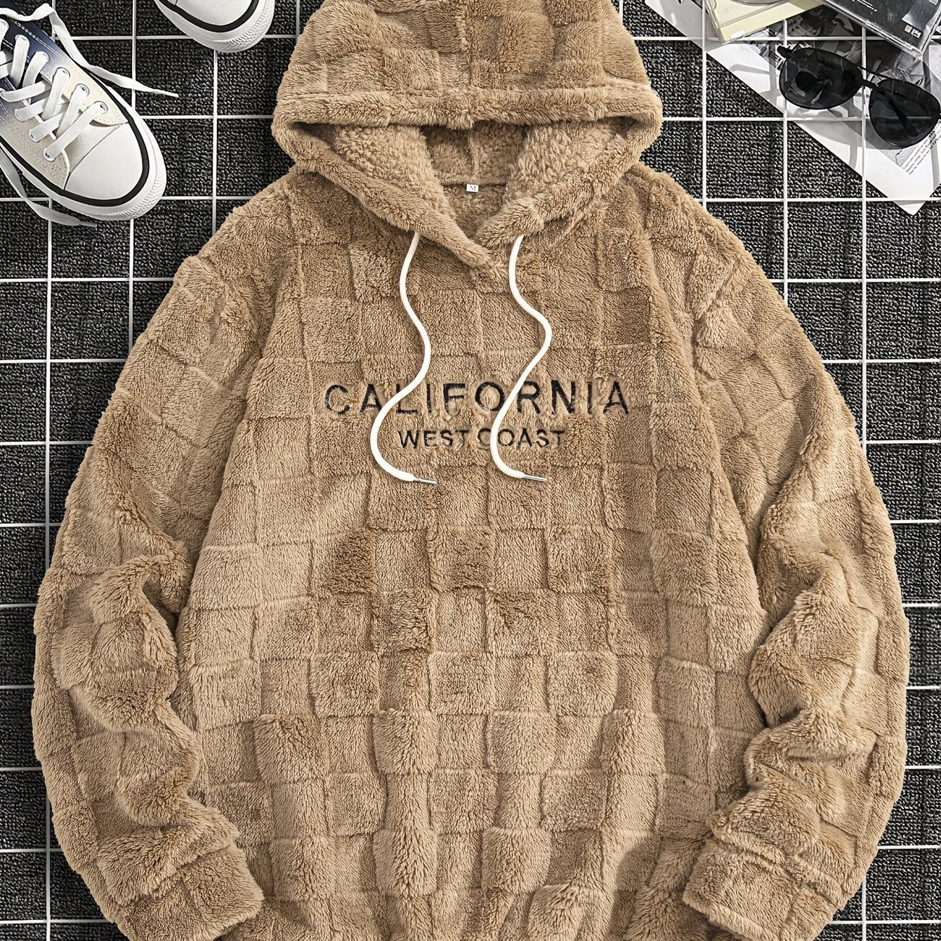 Felpa con cappuccio da uomo in peluche ricamata California Westcoast - Pile doppio in poliestere spesso e morbido con dettagli a quadri, pullover casual a maniche lunghe per autunno e inverno, felpa con cappuccio foderata in pile