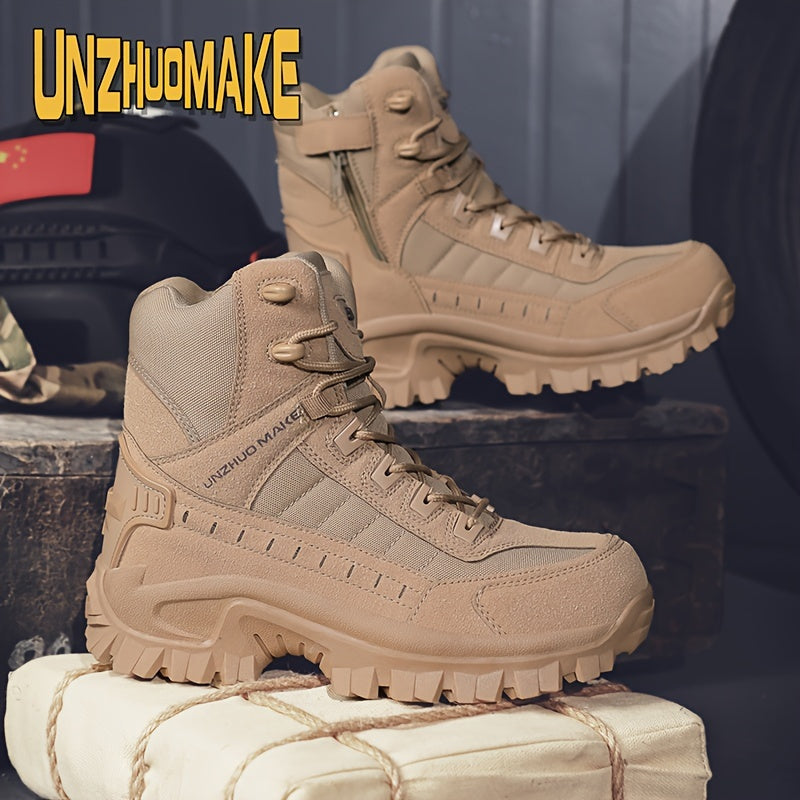 Scarpe da trekking da uomo in stile militare, alte e robuste, con cerniera laterale, comode e resistenti scarpe da ginnastica casual antiscivolo per attività all'aperto da uomo