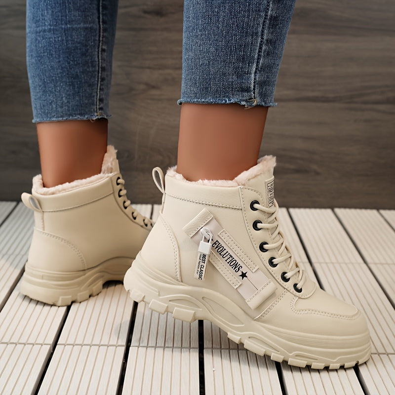 Scarpe casual alte da donna, scarpe invernali calde con fodera in peluche, scarpe sportive con lacci e suola spessa