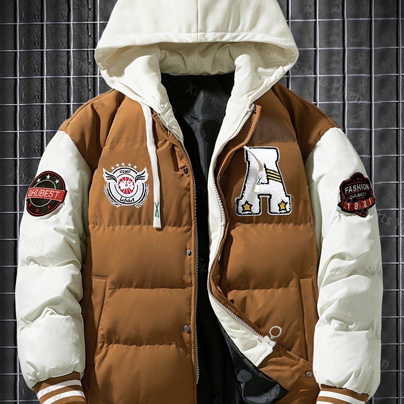 Giacca pesante con cappuccio da uomo e da donna - Cappotto da baseball a blocchi di colore rosso e bianco con chiusura frontale con cerniera, tessuto non elasticizzato - Capispalla invernale per coppie, abbigliamento casual da strada