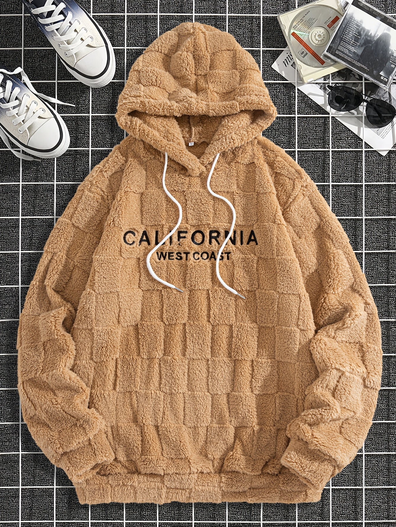 Felpa con cappuccio da uomo in peluche ricamata California Westcoast - Pile doppio in poliestere spesso e morbido con dettagli a quadri, pullover casual a maniche lunghe per autunno e inverno, felpa con cappuccio foderata in pile