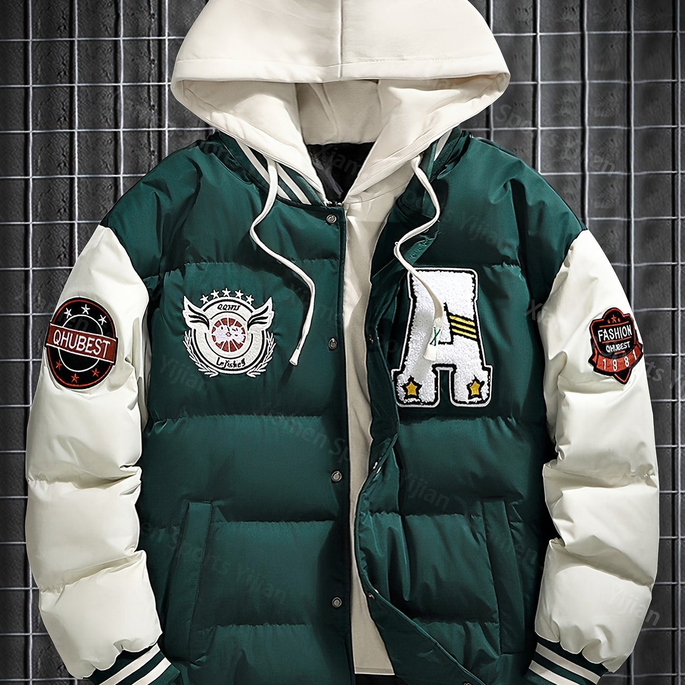 Giacca pesante con cappuccio da uomo e da donna - Cappotto da baseball a blocchi di colore rosso e bianco con chiusura frontale con cerniera, tessuto non elasticizzato - Capispalla invernale per coppie, abbigliamento casual da strada