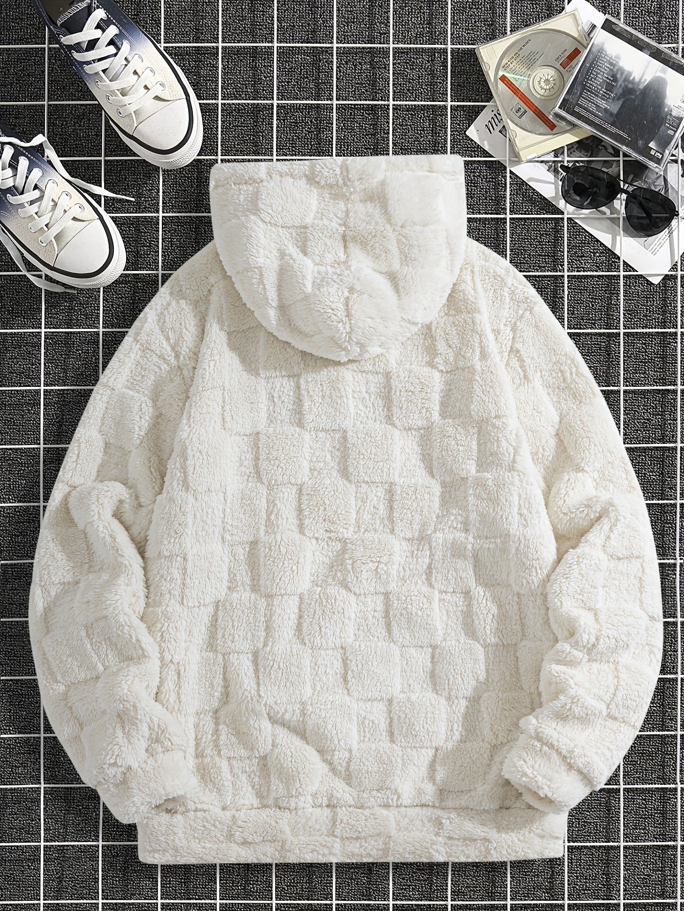 Felpa con cappuccio da uomo in peluche ricamata California Westcoast - Pile doppio in poliestere spesso e morbido con dettagli a quadri, pullover casual a maniche lunghe per autunno e inverno, felpa con cappuccio foderata in pile