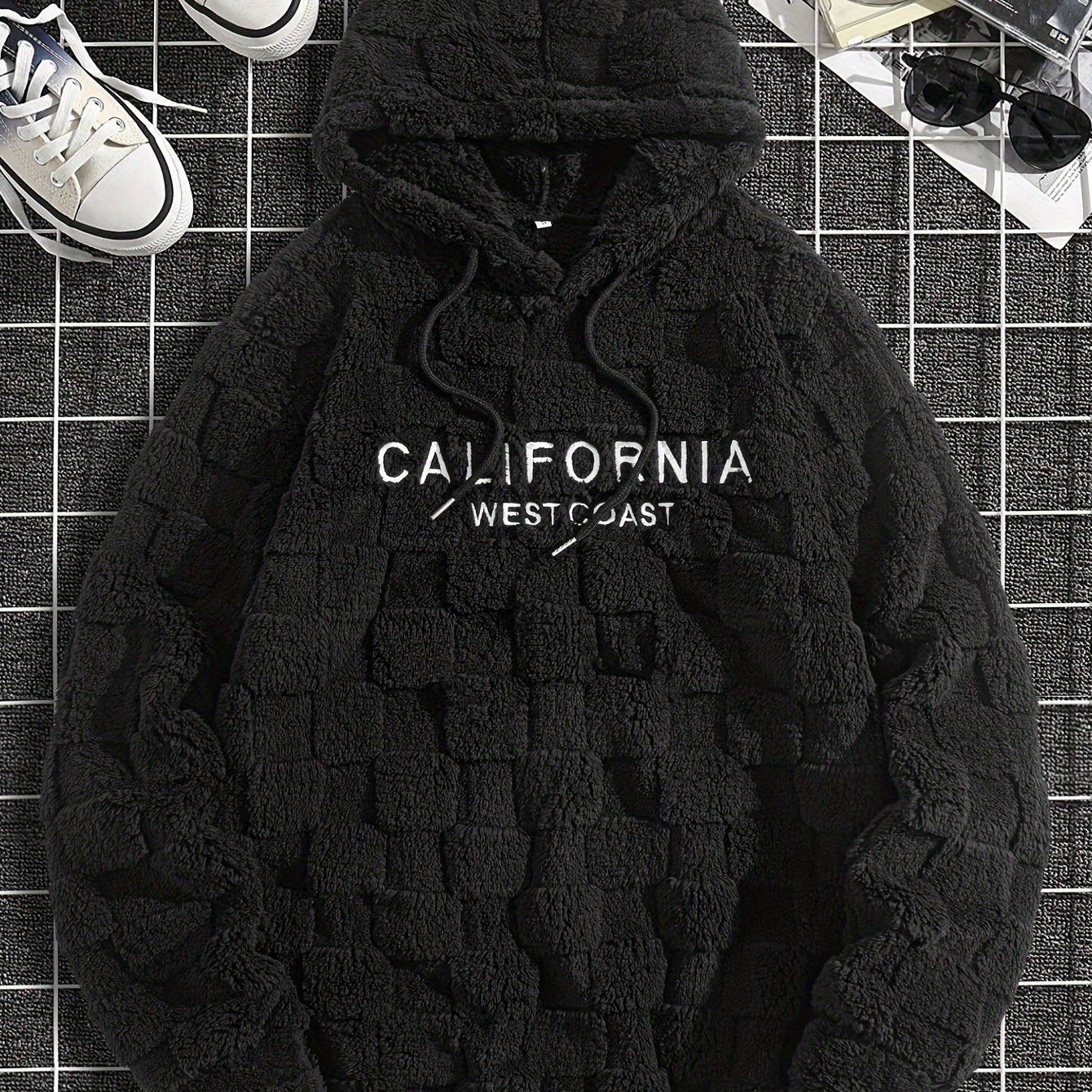 Felpa con cappuccio da uomo in peluche ricamata California Westcoast - Pile doppio in poliestere spesso e morbido con dettagli a quadri, pullover casual a maniche lunghe per autunno e inverno, felpa con cappuccio foderata in pile