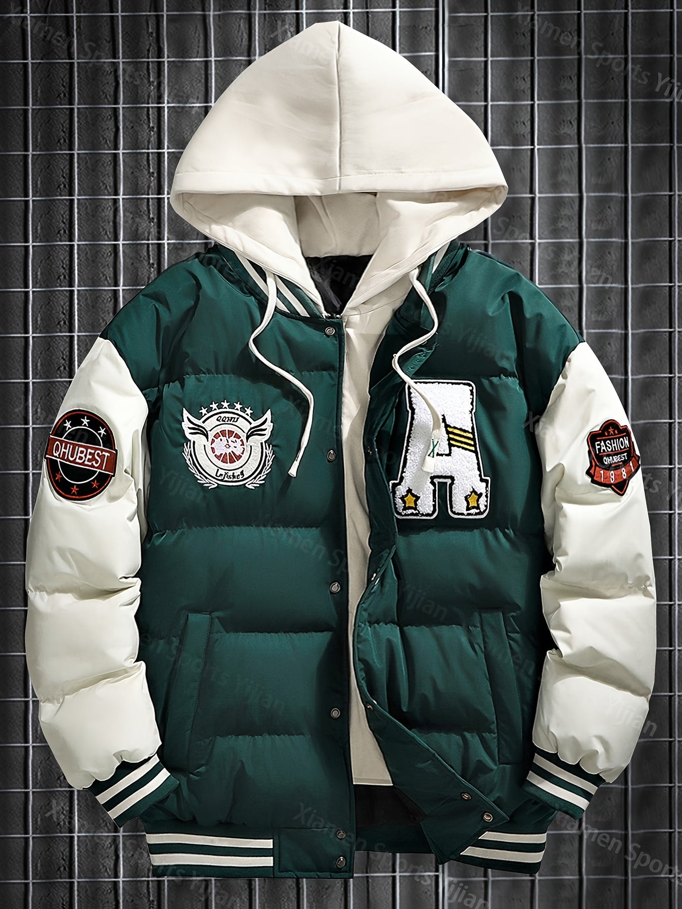 Giacca pesante con cappuccio da uomo e da donna - Cappotto da baseball a blocchi di colore rosso e bianco con chiusura frontale con cerniera, tessuto non elasticizzato - Capispalla invernale per coppie, abbigliamento casual da strada