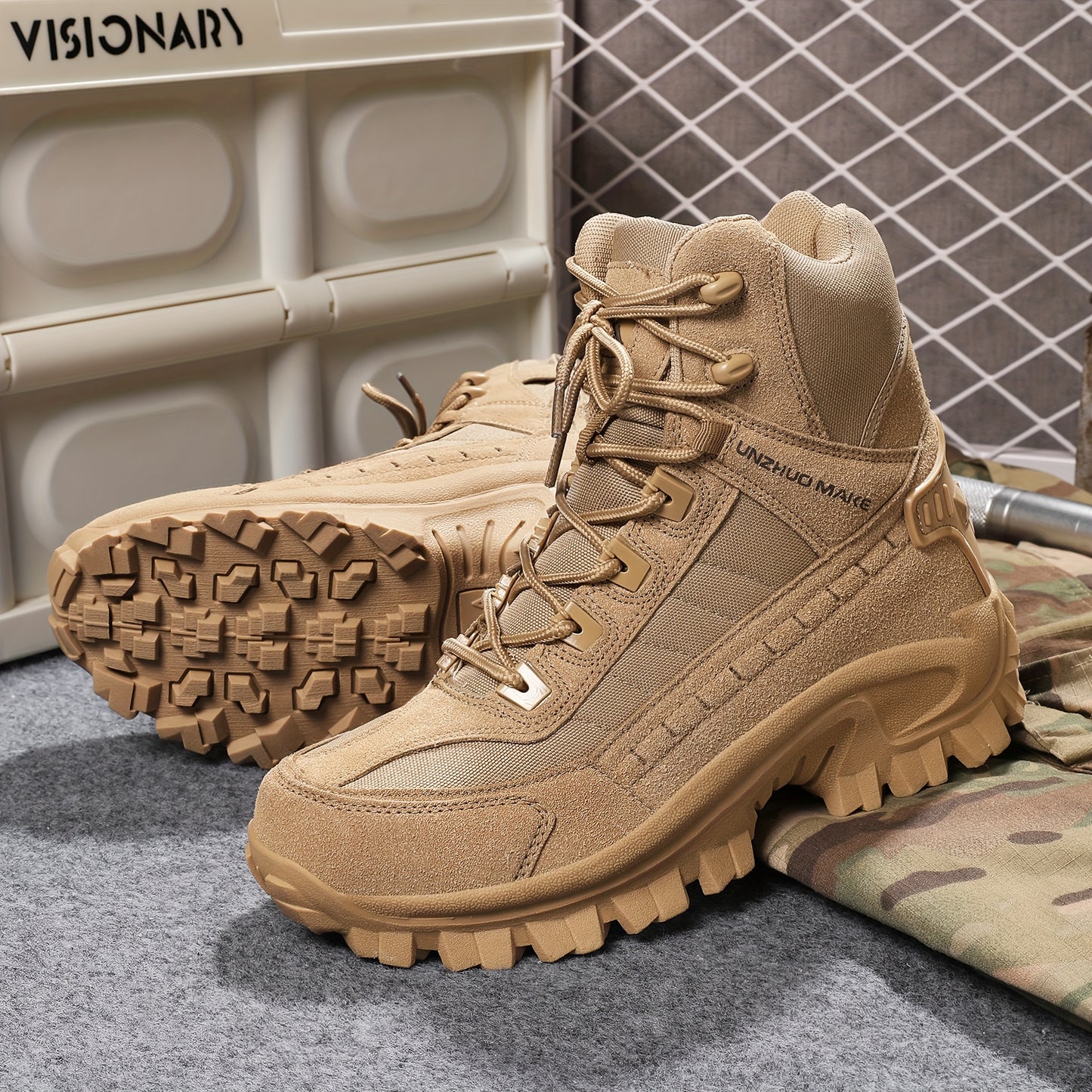 Scarpe da trekking da uomo in stile militare, alte e robuste, con cerniera laterale, comode e resistenti scarpe da ginnastica casual antiscivolo per attività all'aperto da uomo