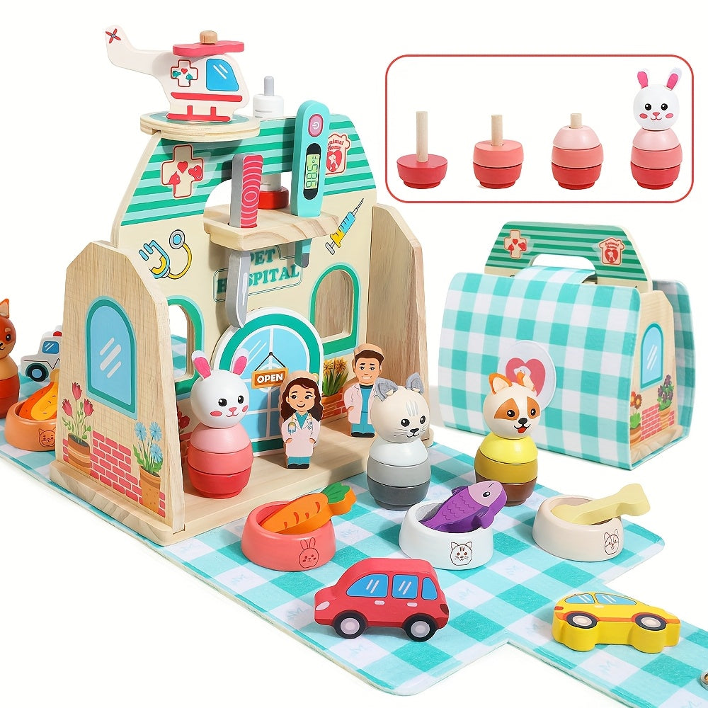 Giocattoli di simulazione per ospedali per animali, giocattoli educativi colorati in legno, gioco creativo e sviluppo delle capacità motorie, sviluppo del riconoscimento dell'abbinamento delle forme