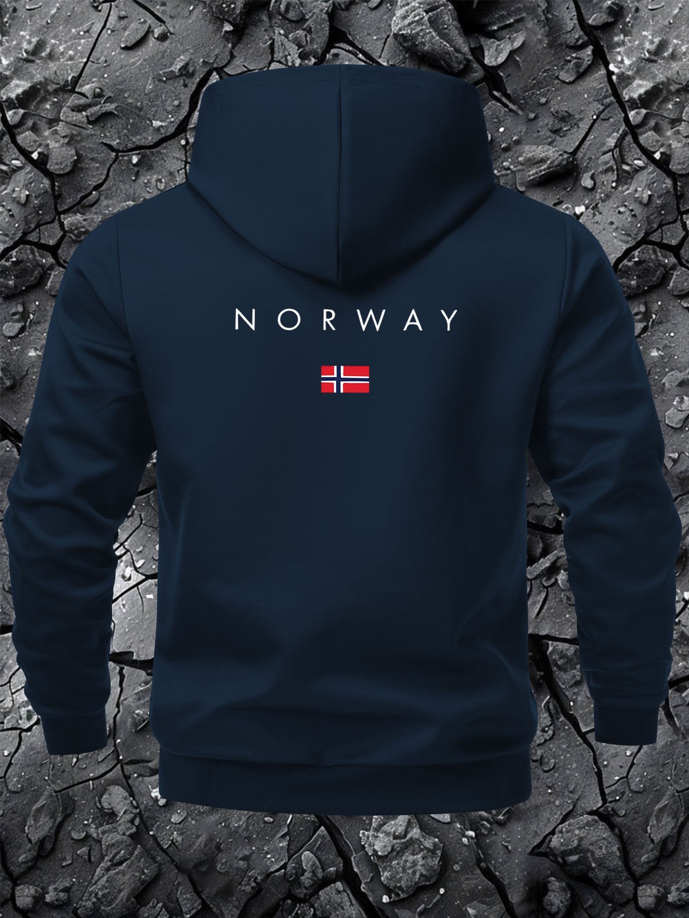 Giacca casual da uomo con cappuccio e stampa della mappa della Norvegia - Chiusura con cerniera, fodera in poliestere, tasche multiple, elegante design nero con logo rosso e bianco, capospalla casual |