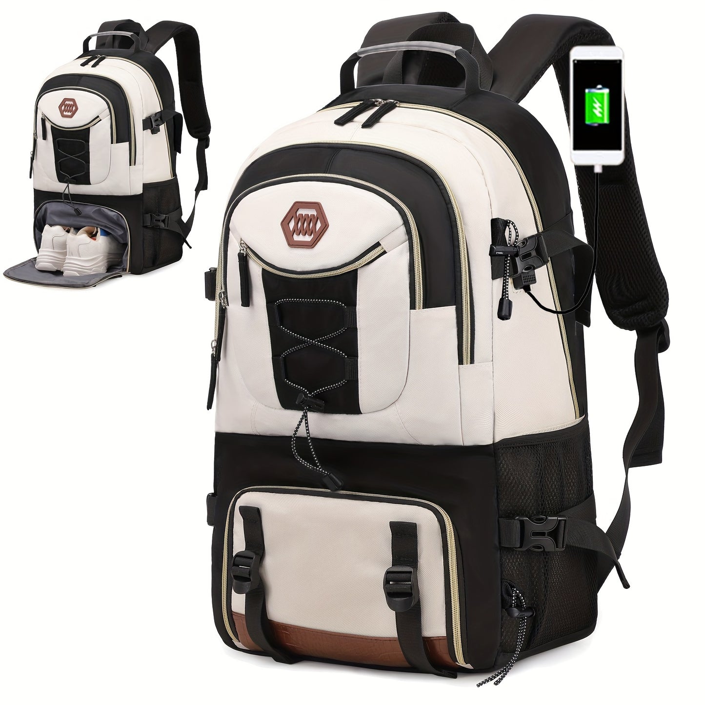 Zaino da viaggio di grande capacità da 40 litri con porta, scomparto per laptop da 17,3 e vano portascarpe - Zaino da trekking resistente con power bank, custodia imbottita per laptop, spallacci imbottiti regolabili