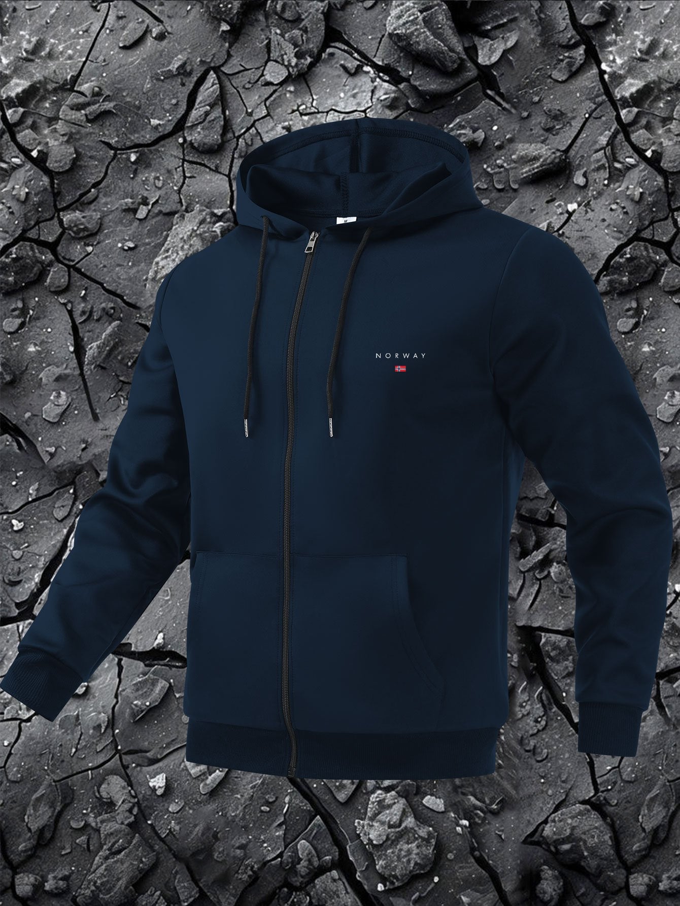Giacca casual da uomo con cappuccio e stampa della mappa della Norvegia - Chiusura con cerniera, fodera in poliestere, tasche multiple, elegante design nero con logo rosso e bianco, capospalla casual |