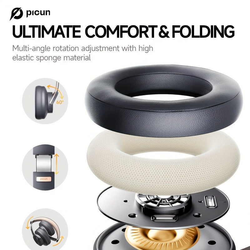 Cuffie wireless Picun B8, 120 ore di autonomia, 3EQ e modalità gioco, chiamate in vivavoce, cuffie pieghevoli sovraurali per viaggi, casa, ufficio, cellulare, PC
