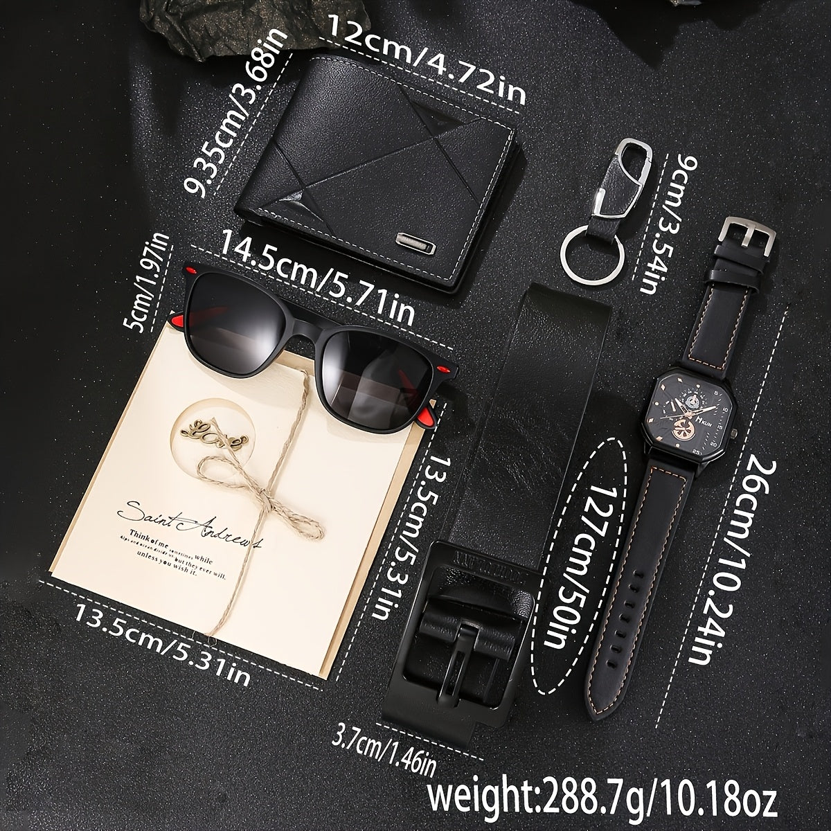 Set di 6 accessori classici casual da uomo in similpelle nera: portafoglio a righe, orologio con quadrante quadrato, occhiali, portachiavi, biglietto d'auguri, cintura