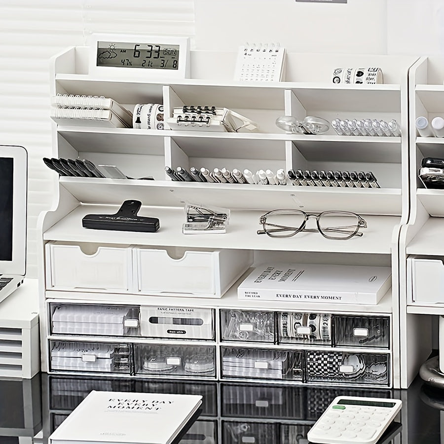 Versatile organizer da scrivania per studenti: soluzione di archiviazione a doppio strato per cancelleria, cosmetici e altro ancora. Migliora senza sforzo lo spazio della tua stanza del dormitorio con un portapenne inclinato e una libreria rialzata.