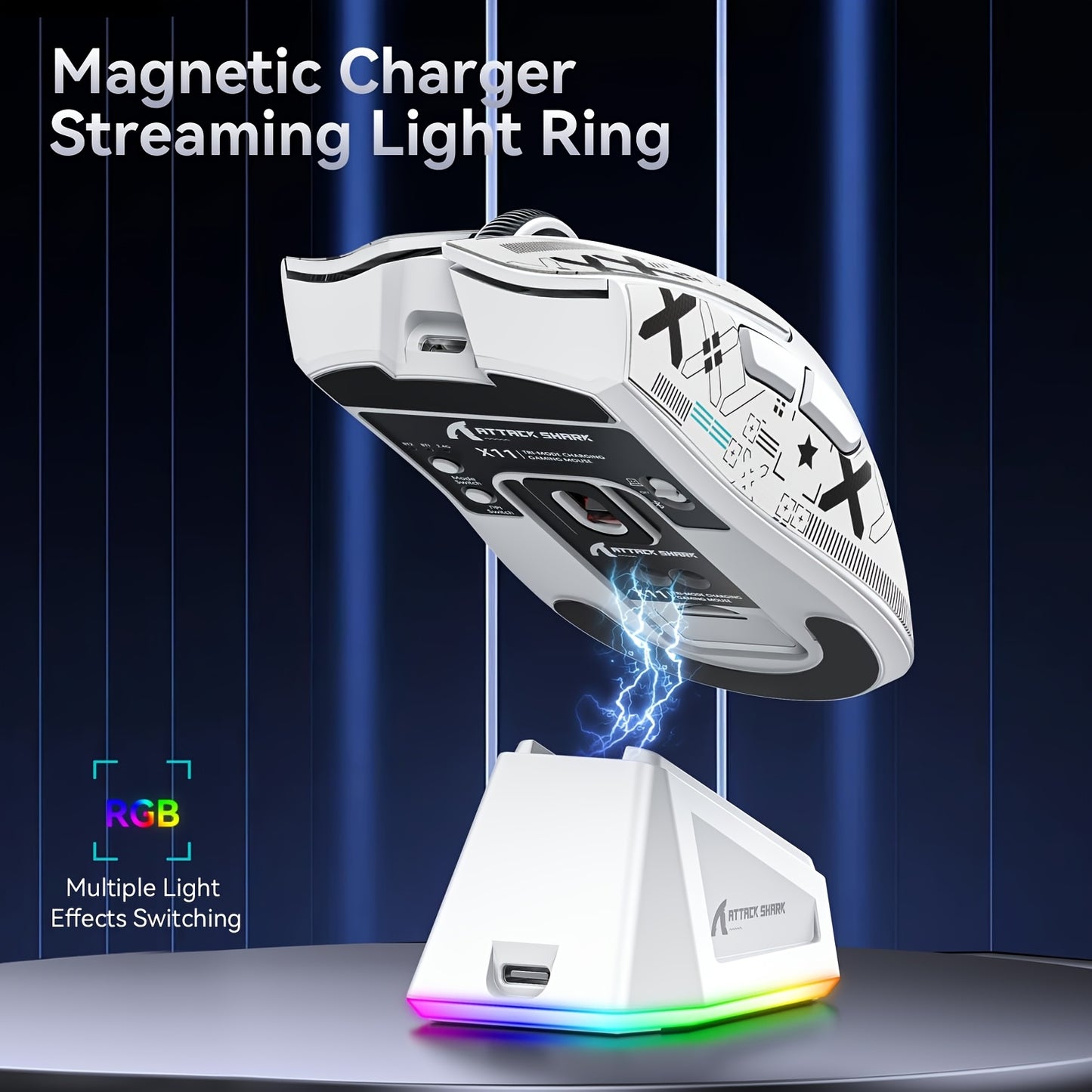 Mouse da gioco wireless leggero ATTACK SHARK X11 con base di ricarica RGB, modalità cablata 2.4G/USB-C/BT 3, 22K DPI, sensore PAW3311, interruttore HUYU, 5 pulsanti programmabili, per PC bianco e adesivo