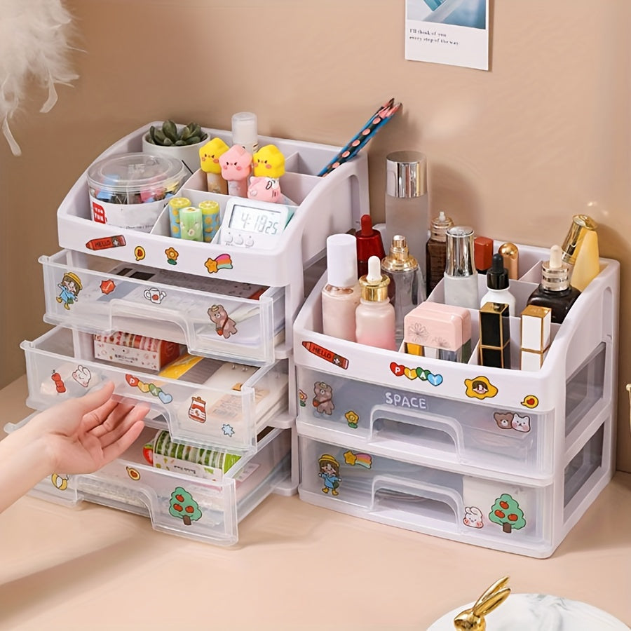 Grande organizer da scrivania bianco per cosmetici con cassetti trasparenti, per toletta, gioielli e cancelleria.