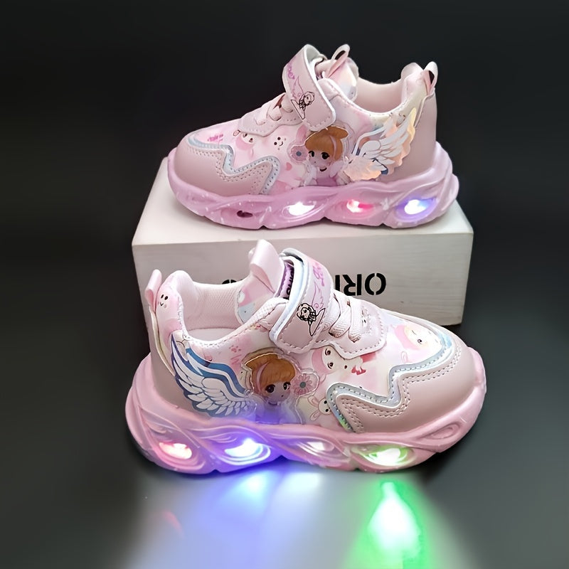 Kid's Glow-Up Sneakers: Princess Magic Straps, Night Light, Cartoon Design, Low Top, PU Material, Suitable for Girls and Boys Ages 0-14