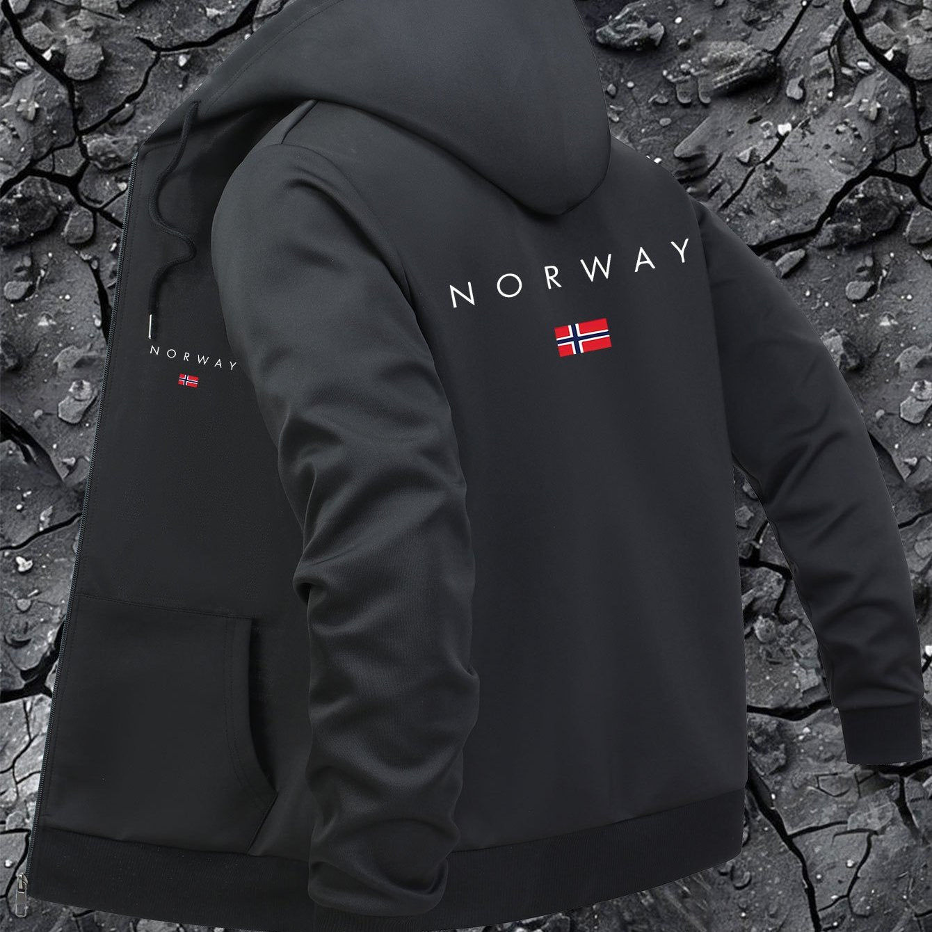 Giacca casual da uomo con cappuccio e stampa della mappa della Norvegia - Chiusura con cerniera, fodera in poliestere, tasche multiple, elegante design nero con logo rosso e bianco, capospalla casual |