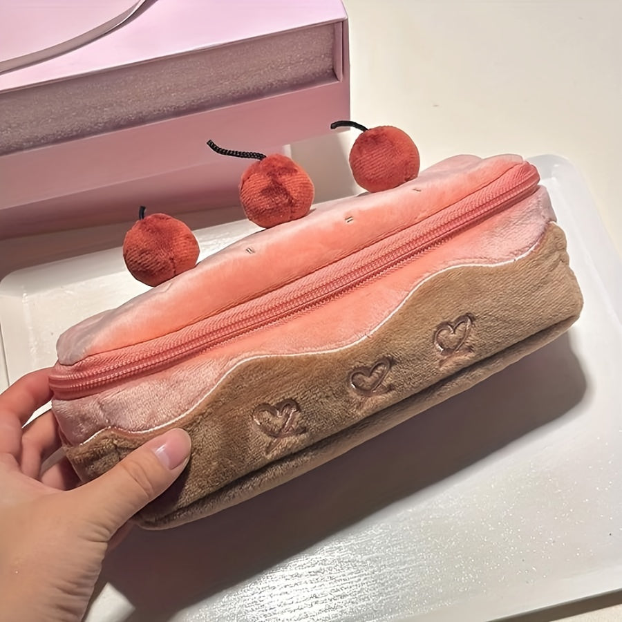 Astuccio portapenne a forma di torta con ciliegie, grazioso astuccio portapenne in peluche con cerniera, grande capacità, organizer portatile per cancelleria