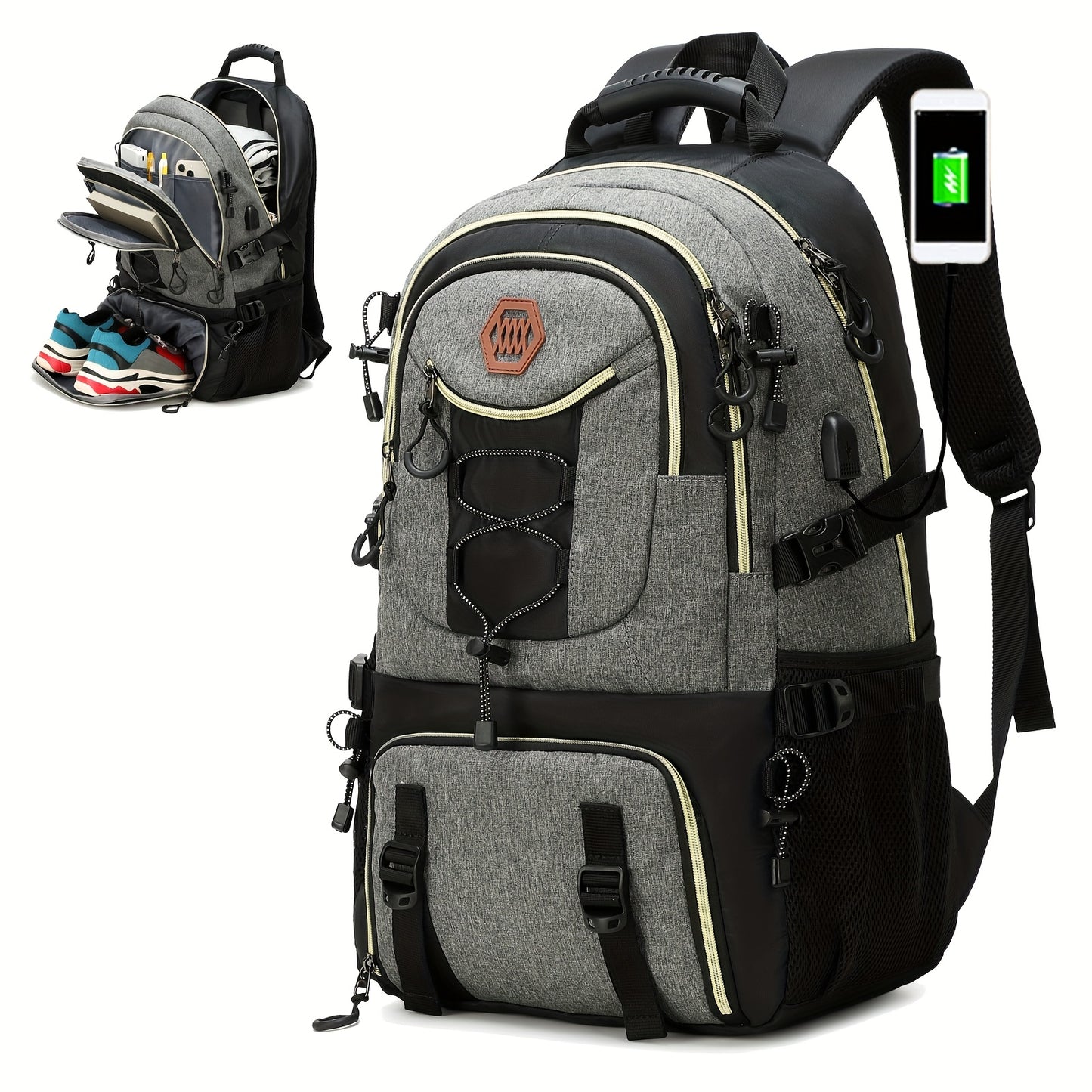 Zaino da viaggio di grande capacità da 40 litri con porta, scomparto per laptop da 17,3 e vano portascarpe - Zaino da trekking resistente con power bank, custodia imbottita per laptop, spallacci imbottiti regolabili