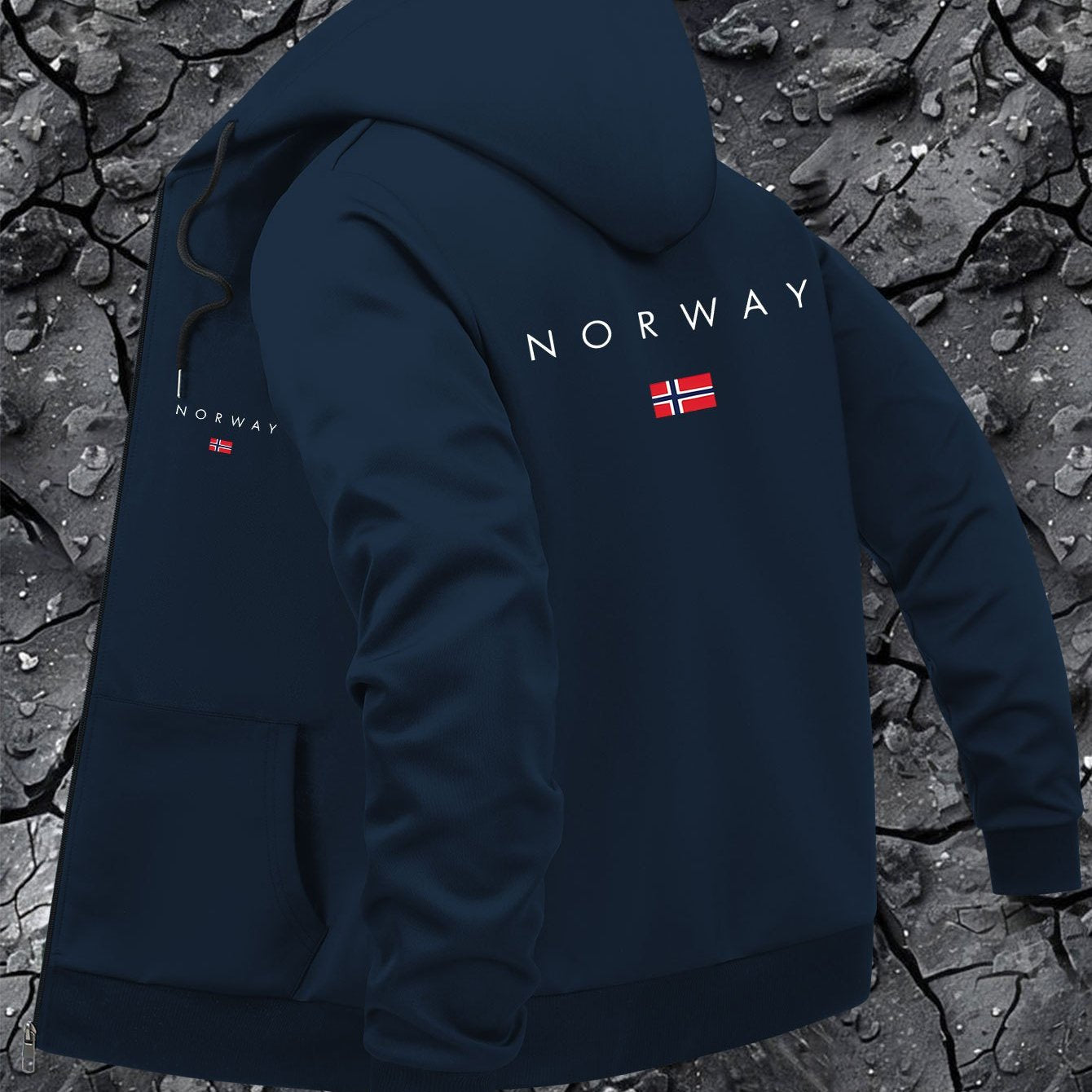 Giacca casual da uomo con cappuccio e stampa della mappa della Norvegia - Chiusura con cerniera, fodera in poliestere, tasche multiple, elegante design nero con logo rosso e bianco, capospalla casual |