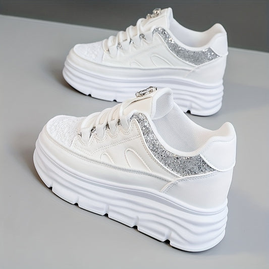 Sneakers da donna beige con dettagli glitterati - Altezza aumentata di 6 cm, suola in PVC resistente, scarpe da skate casual con lacci, tomaia in pelle sintetica di alta qualità, comode per un abbigliamento casual