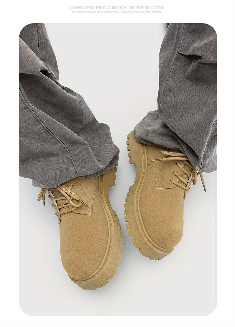 Men's Casual Retro Workwear Derby Shoes - Thick Sole Height Increase, Breathable Upper, Lace-Up Round Toe Design for Spring/Fall, Tan Rubber Outsole & EVA Cushioning, Fall Comfort Footwear, Minimalist Style, Durable Footwear,