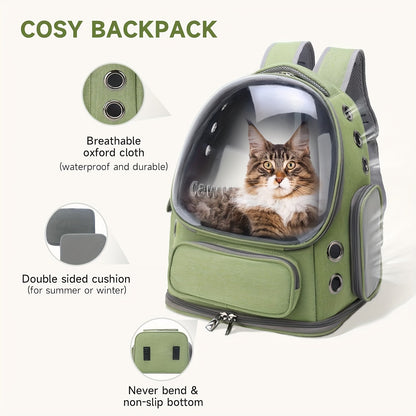 Fashion Style Solid Color Pet Backpack, Breathable Cat Carrier with Transparent Bubble, Large Space Capsule Backpack for Cats and Small Dogs up to 18lbs, Durable Oxford Cloth Zippered Bag for Travel and Hiking - Universal Fit