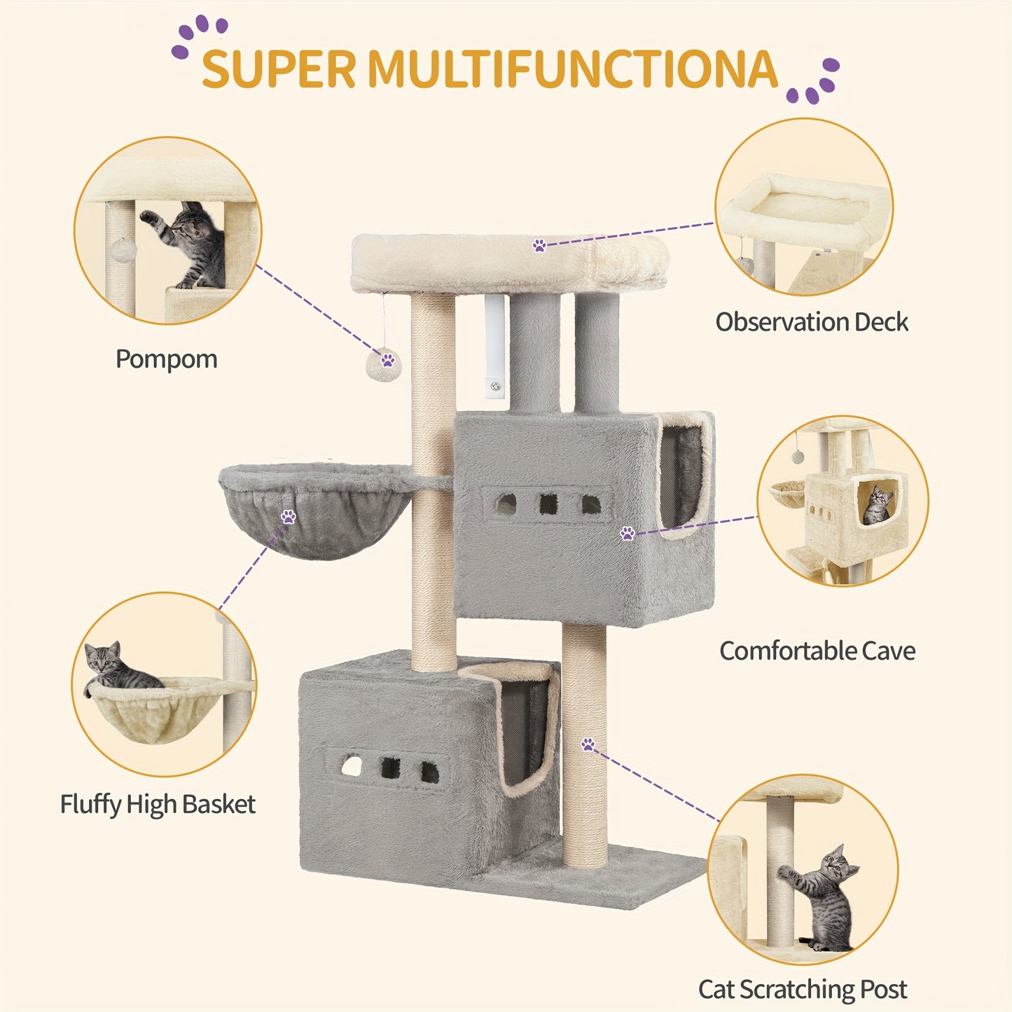 98cm Scratching Post, Cat Tree, Small Scratching Post, Multi-storey Scratching Post with Perch, Cat House Furniture with 2 Caves, Sisal Cat Scratching Post, Hammock, Cave, Dark Grey/light Grey, Cat Climbing Tree, Feline Enric