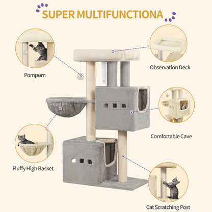 98cm Scratching Post, Cat Tree, Small Scratching Post, Multi-storey Scratching Post with Perch, Cat House Furniture with 2 Caves, Sisal Cat Scratching Post, Hammock, Cave, Dark Grey/light Grey, Cat Climbing Tree, Feline Enric