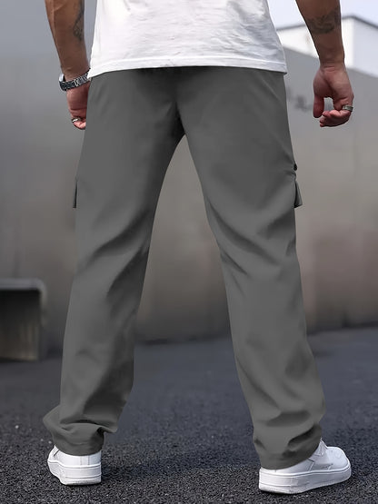 Pantaloni cargo casual da uomo con tasche multiple - Gamba dritta, vestibilità ampia, beige, dettagli con cerniera, perfetti per primavera e autunno