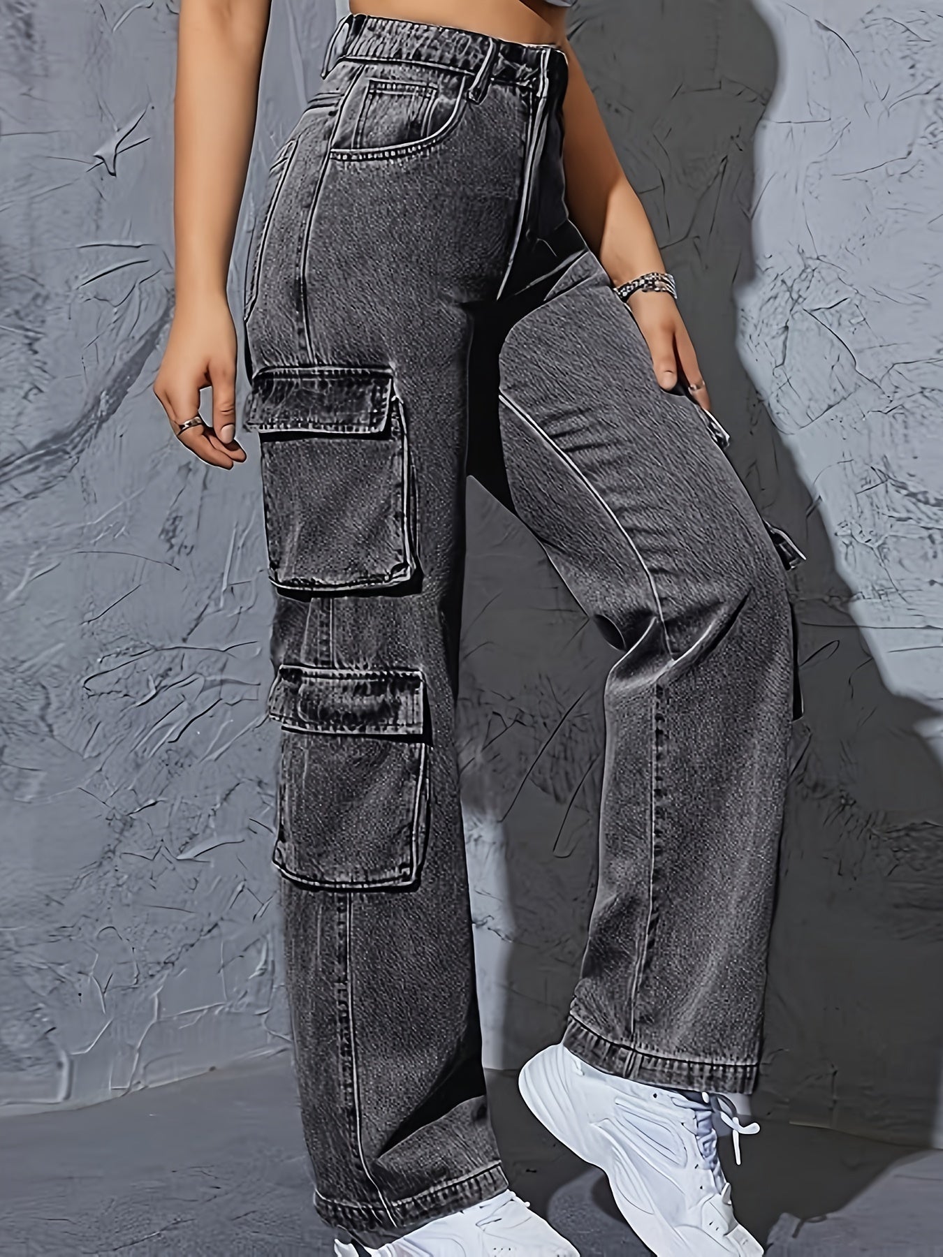 High-Waisted Cargo Denim Jeans for Women, 75% Cotton Blend Street Style Y2K Baggy Trousers with Flap Pockets, Solid All-Season Oversized Wide Leg Pants, Medium Stretch Woven Fabric