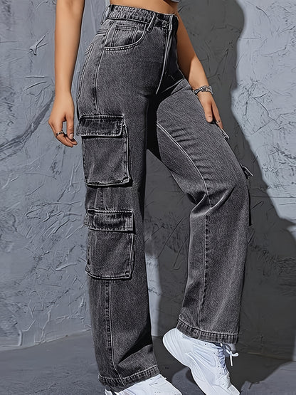 High-Waisted Cargo Denim Jeans for Women, 75% Cotton Blend Street Style Y2K Baggy Trousers with Flap Pockets, Solid All-Season Oversized Wide Leg Pants, Medium Stretch Woven Fabric