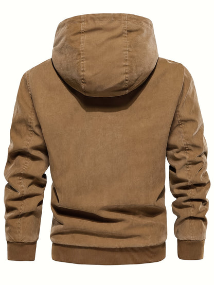 Men'S Distressed Hooded Softshell Jacket, Autumn Winter Outerwear with Pockets, Trendy Item