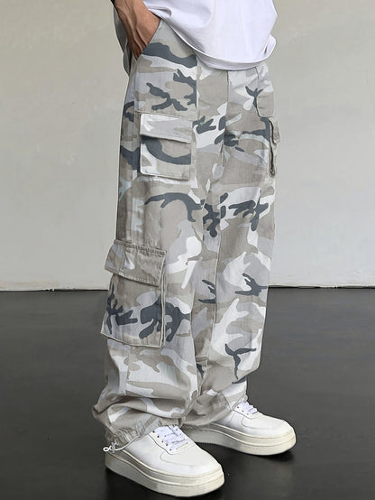 Pantaloni cargo mimetici da uomo con tasche con patta - Vestibilità ampia ed elegante per escursionismo, campeggio e streetwear, poliestere resistente