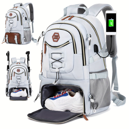 Zaino da viaggio di grande capacità da 40 litri con porta, scomparto per laptop da 17,3 e vano portascarpe - Zaino da trekking resistente con power bank, custodia imbottita per laptop, spallacci imbottiti regolabili