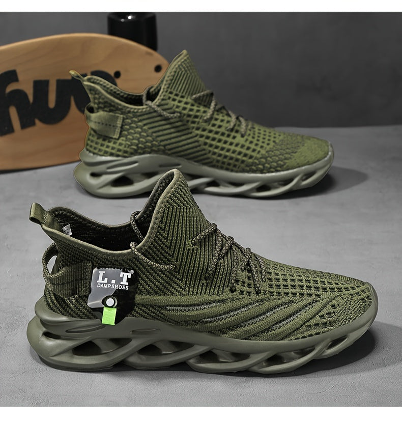 Scarpe da corsa traspiranti in maglia da uomo con assorbimento degli urti, comode sneakers con lacci e suola morbida per jogging all'aperto, primavera ed estate