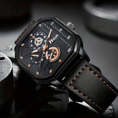Set di 6 accessori classici casual da uomo in similpelle nera: portafoglio a righe, orologio con quadrante quadrato, occhiali, portachiavi, biglietto d'auguri, cintura