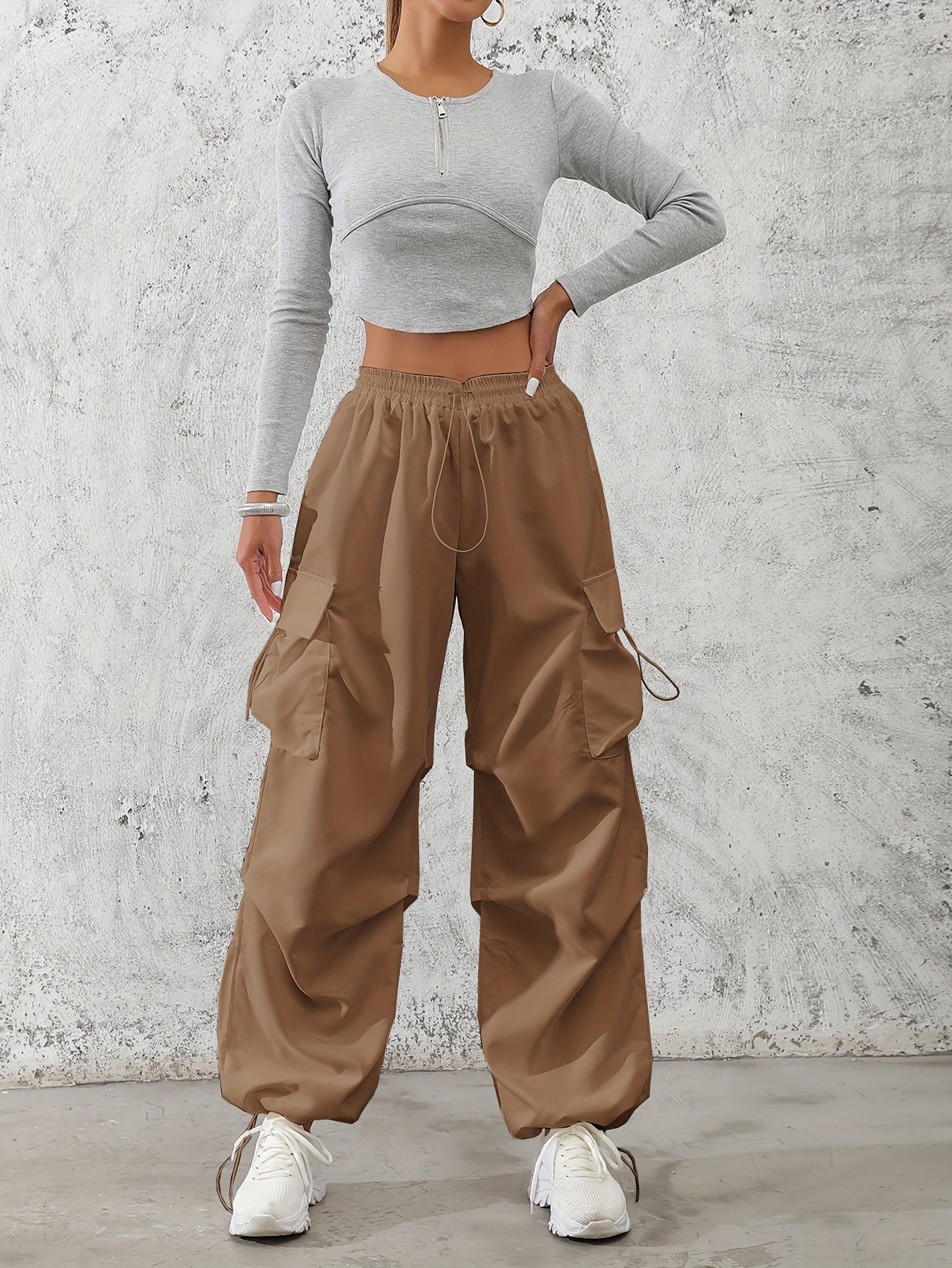 Women'S Fashionable Solid Color Polyester Cargo Pants, 100% Polyester, All-Season, Drawstring Waist, Woven, 120g/m², Adult Casual Elegant Trousers