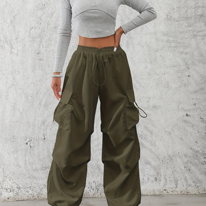 Women'S Fashionable Solid Color Polyester Cargo Pants, 100% Polyester, All-Season, Drawstring Waist, Woven, 120g/m², Adult Casual Elegant Trousers