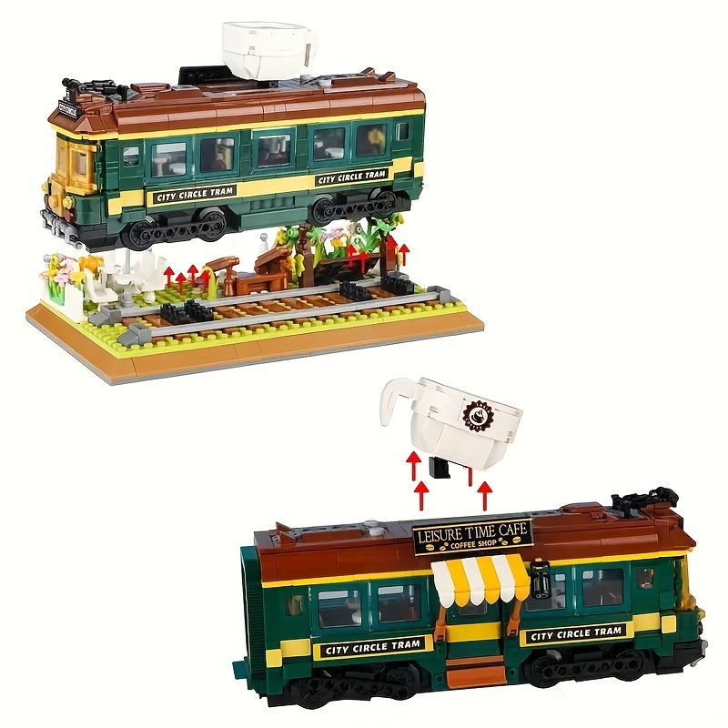 1081pcs Train Cafe House Assembled Toy Ornament, Green Faux Leather Train, City Shop, Street Scene Assembly Toy Model, Creative Retro Construction Set, Halloween/Thanksgiving Day/Christmas gift