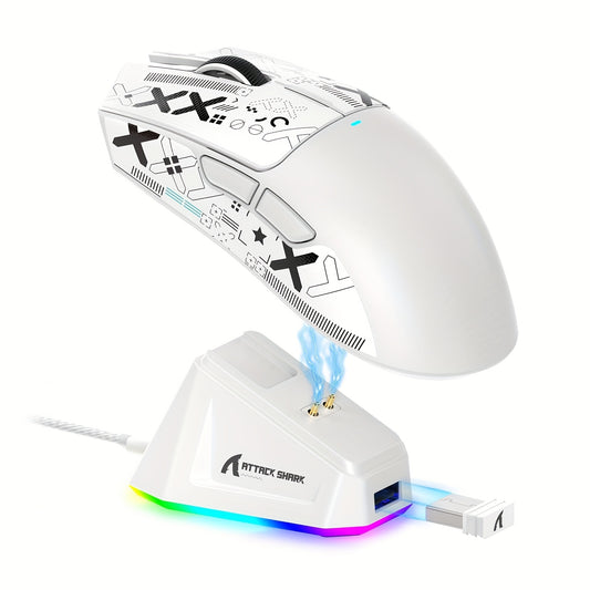 Mouse da gioco wireless leggero ATTACK SHARK X11 con base di ricarica RGB, modalità cablata 2.4G/USB-C/BT 3, 22K DPI, sensore PAW3311, interruttore HUYU, 5 pulsanti programmabili, per PC bianco e adesivo