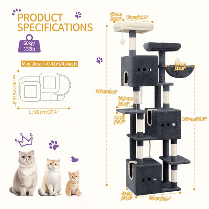 Large Scratching Post, 193cm Cat Tree, Multi-storey Cat Scratching Post for Large Cats, with 3 Caves, 6 Scratching Posts, 1 Lounger, 3 Plush Balls, Dark Grey/light Grey