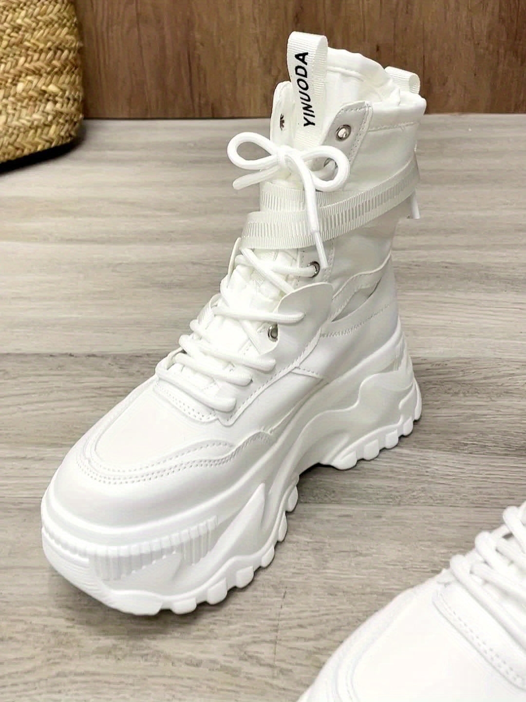 Sneakers alte alla moda da donna - Stivali casual con punta tonda, lacci in tessuto EVA tinta unita, suola in poliuretano e interno in tessuto - Scarpe streetwear versatili per tutte le stagioni